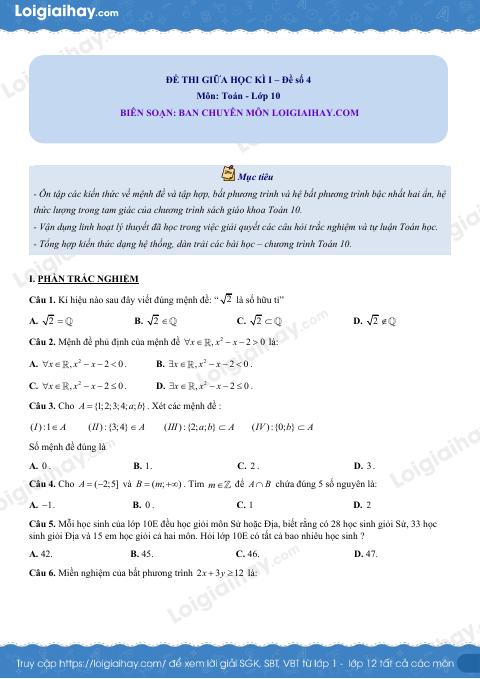 Đề thi giữa kì 1 Toán 10 Cánh diều - Đề số 4